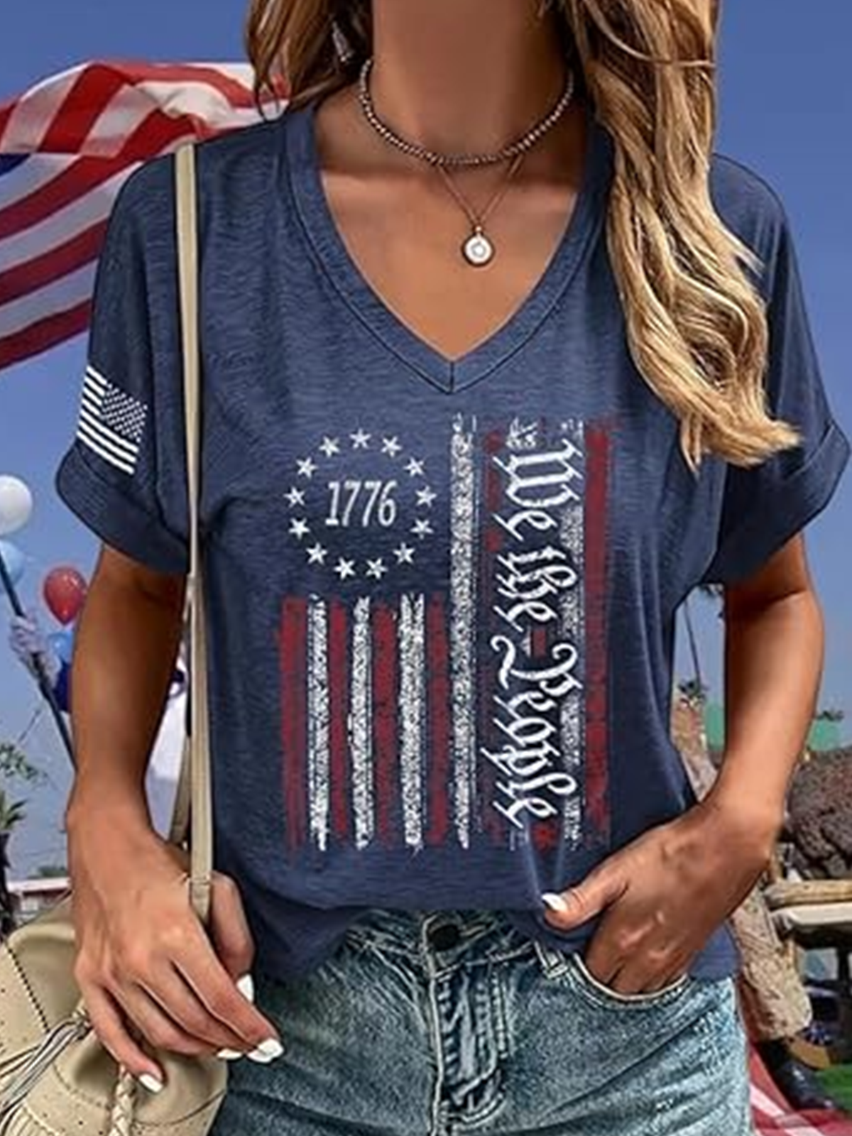 T-shirts Femmes Décontracté Été Drapeau des États-Unis Coton Col V Micro-élasticité Quotidien Coupe Régulière Régulier