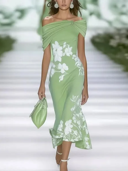 Femmes Floral Vert à Épaules Dénudées Confortable Imprimé Robe Maxi Rétro