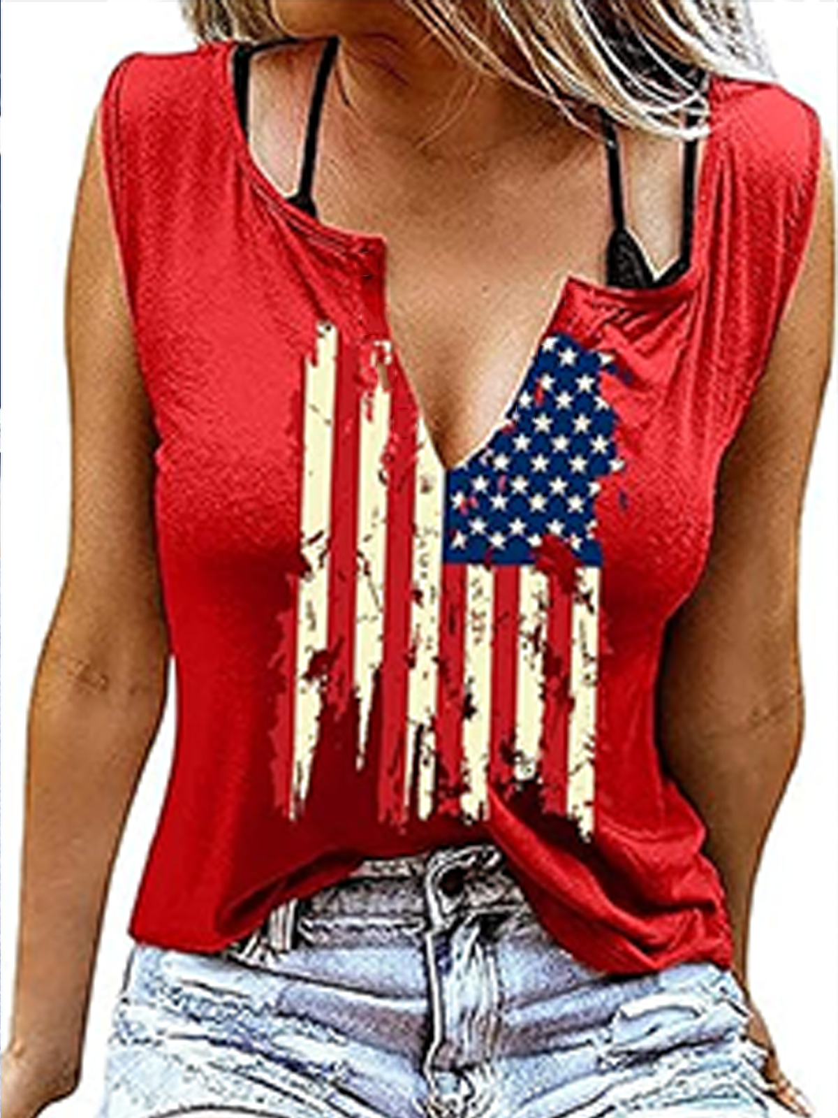 Top Débardeur Tops Décontracté Été Drapeau des États-Unis Coton Micro-élasticité Quotidien Sans Manches Entaillé Trapèze pour Femmes