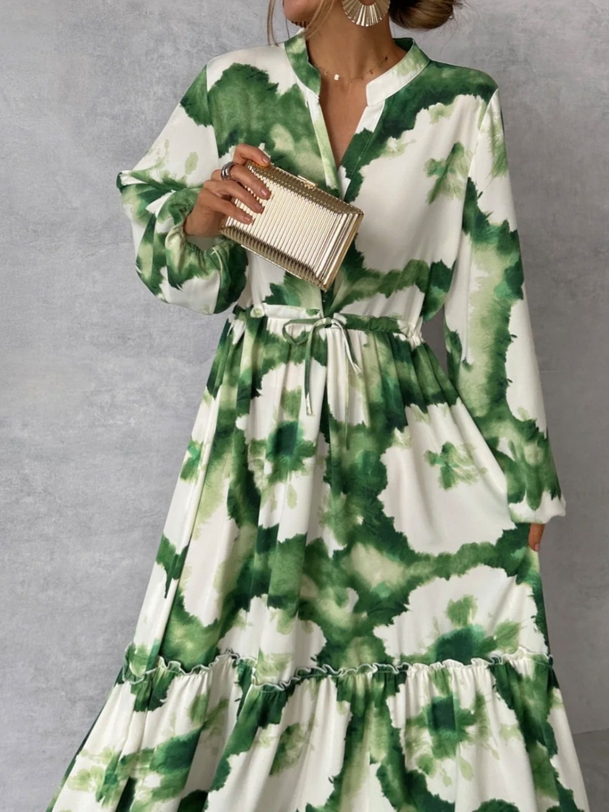 Femmes Floral Blanc-Vert Col V Confortable Robe Maxi Décontracté