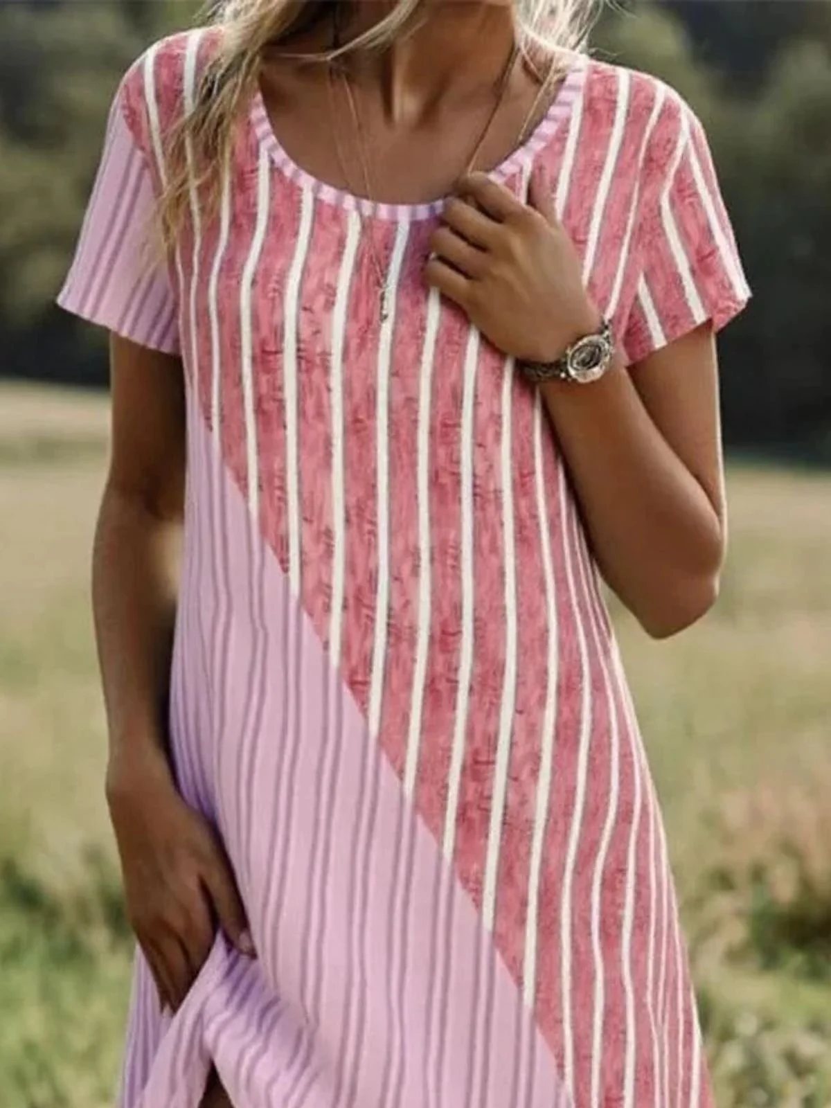 Femmes Rayé Rose Col Rond Confortable Robe Mi-Longue Rétro