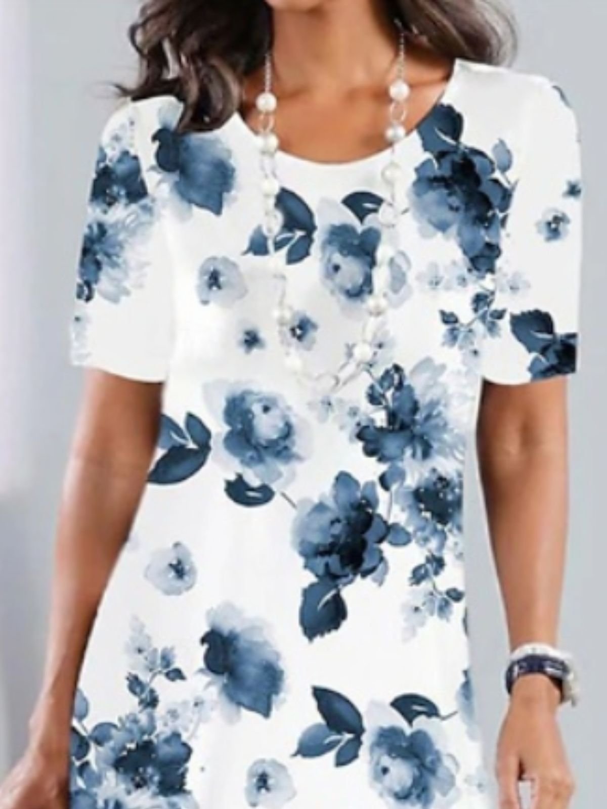 Femmes Floral Blanc Col Rond Confortable Robe Mi-Longue Décontracté