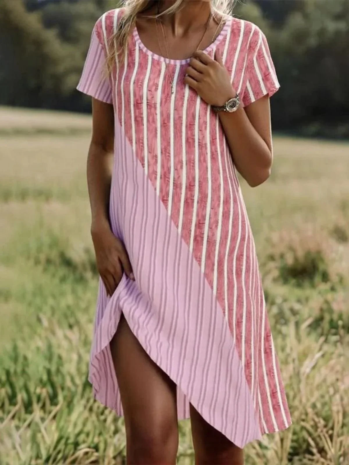 Femmes Rayé Rose Col Rond Confortable Robe Mi-Longue Rétro