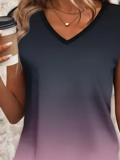 T-shirts Femmes Décontracté Ombre Été Col V Aucune élasticité Jersey Manches Courtes Droit Régulier