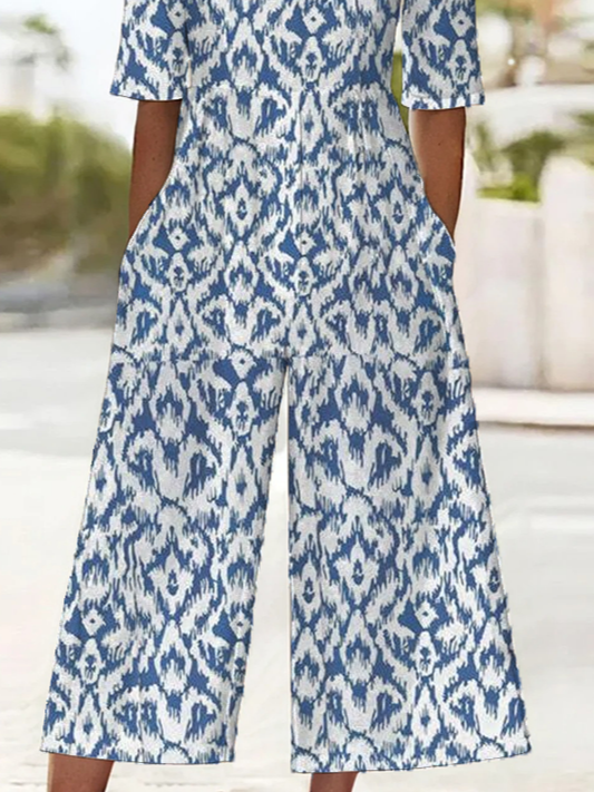Combinaisons Géométrique Décontracté Été Imprimé Naturel Coupe Régulière Pantalon à la cheville Demi Manche Régulier pour Femmes