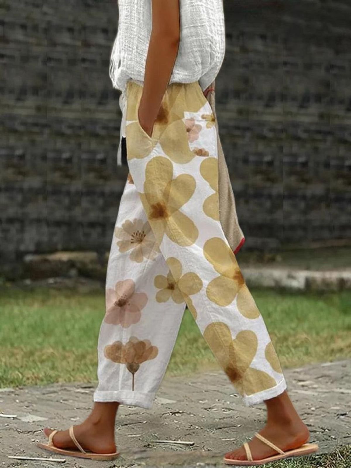 Pantalons Femmes Décontracté Floral Printemps / Automne Coton Naturel Coupe Régulière Pantalon droit Droit Régulier