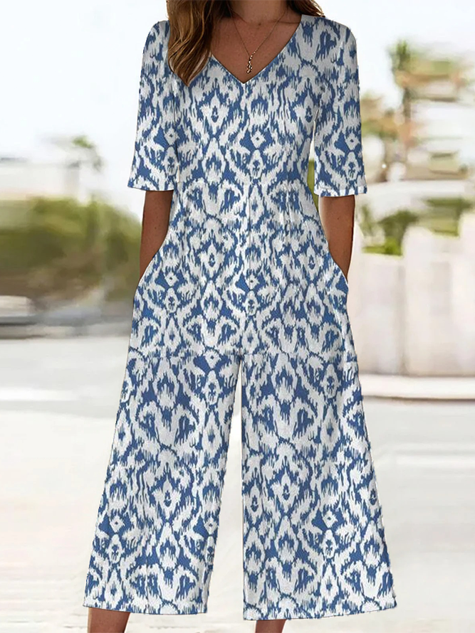 Combinaisons Géométrique Décontracté Été Imprimé Naturel Coupe Régulière Pantalon à la cheville Demi Manche Régulier pour Femmes