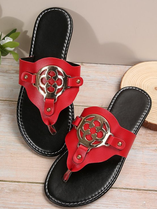 Tongs Femmes Rétro Bloc de Couleur Été Métal à Talon Plat Bout Rond Caoutchouc à Enfiler Tongs