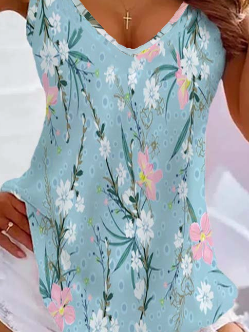 T-shirts Décontracté Floral Été Polyester Col V Ample Sans Manches Régulier Régulier pour Femmes