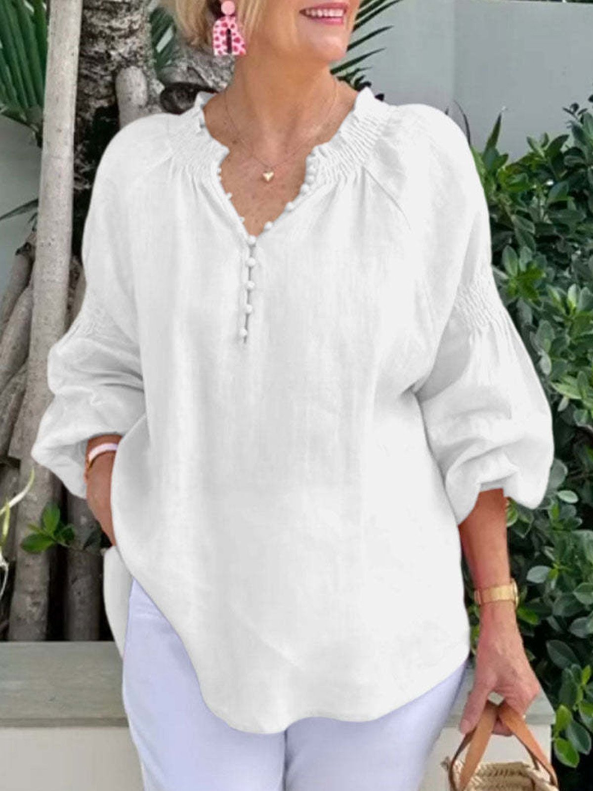 Blouses Femmes Décontracté Plain Printemps / Automne Polyester Pull-over Manches Longues Régulier Droit Col mi-ouvert