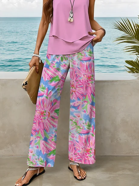 Deux Pièces Ensembles Décontracté Floral Été Imprimé Naturel Col Rond Top Avec Pantalons Trapèze Régulier pour Femmes