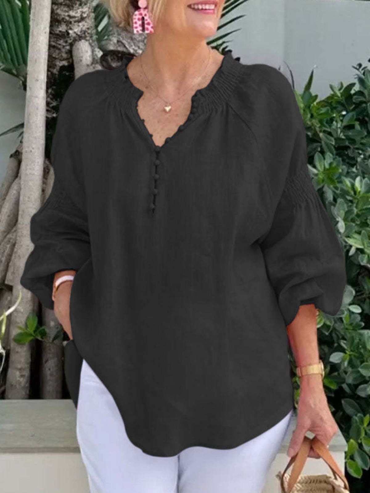 Blouses Femmes Décontracté Plain Printemps / Automne Polyester Pull-over Manches Longues Régulier Droit Col mi-ouvert