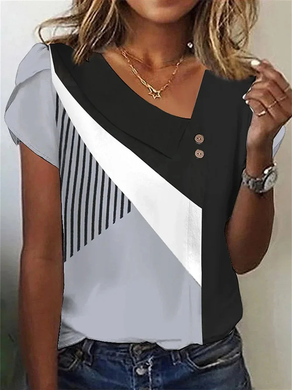 T-shirts Femmes Plain Décontracté Été Polyester Sortie Asymétrique Régulier Droit Boucle