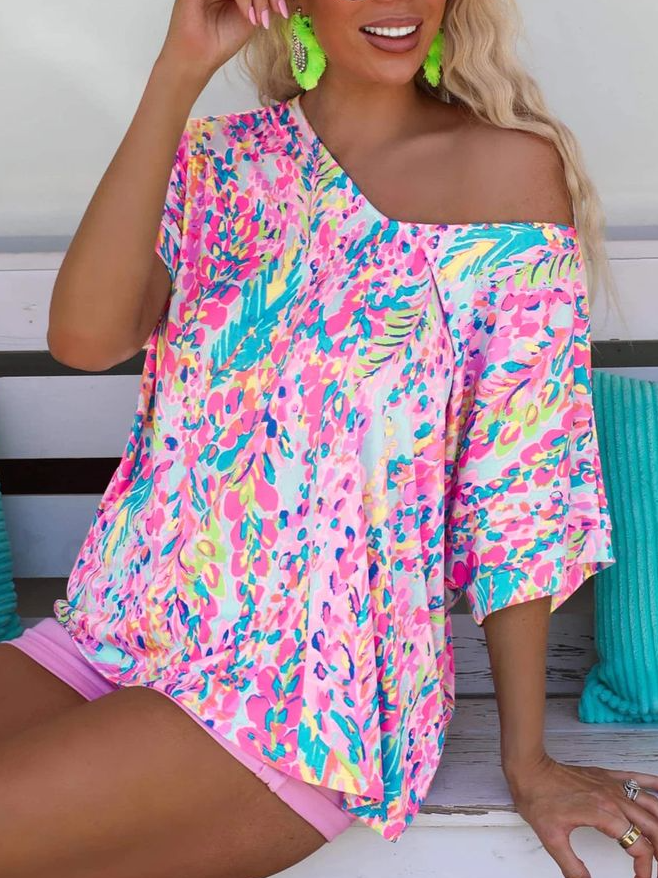 Blouses Femmes Décontracté Floral Été Mélange de lin Naturel Ample Régulier Régulier T.-N.-L.