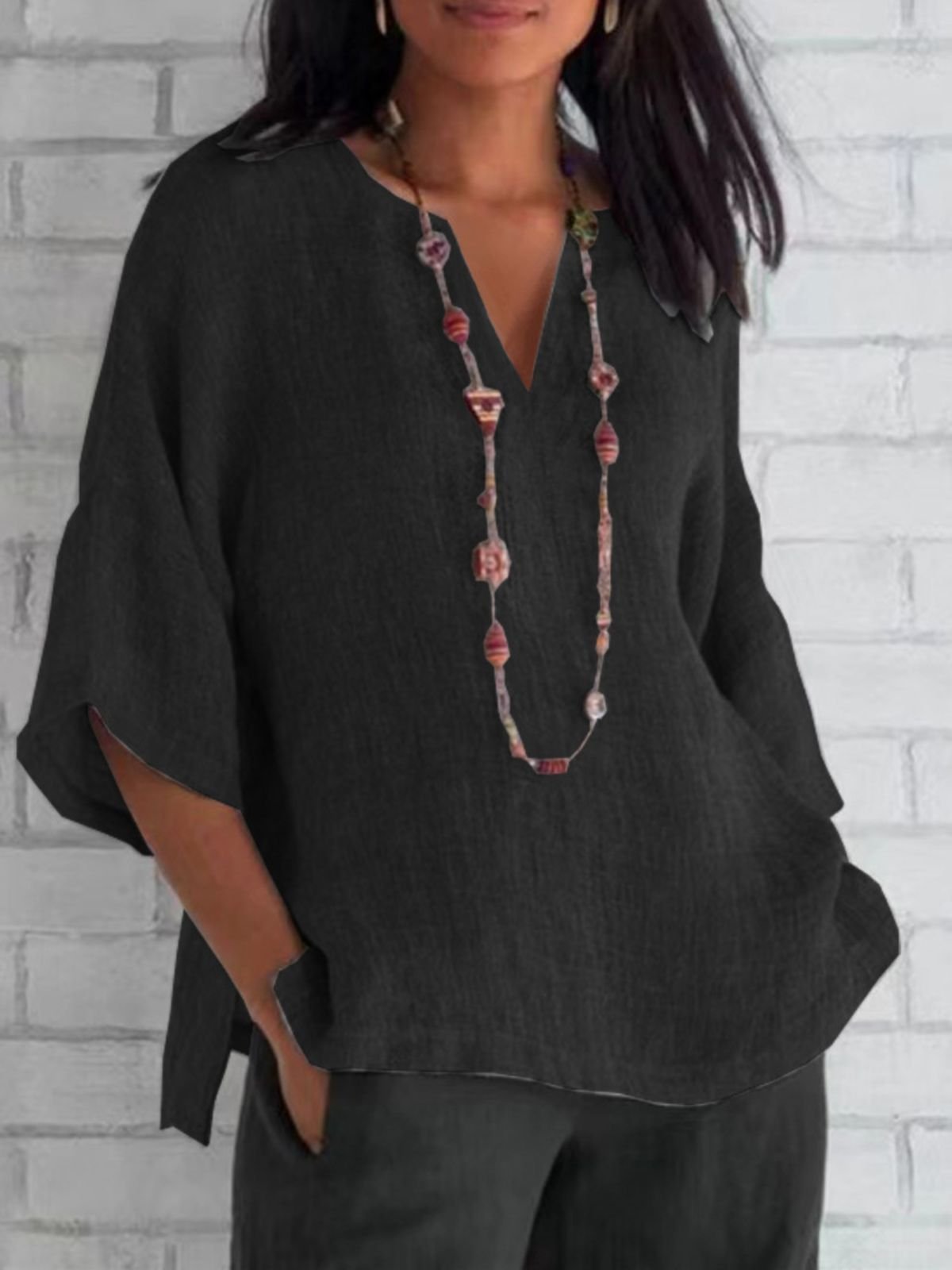 Blouses Décontracté Plain Été en Lin Col V Micro-élasticité Ample Régulier Trapèze pour Femmes