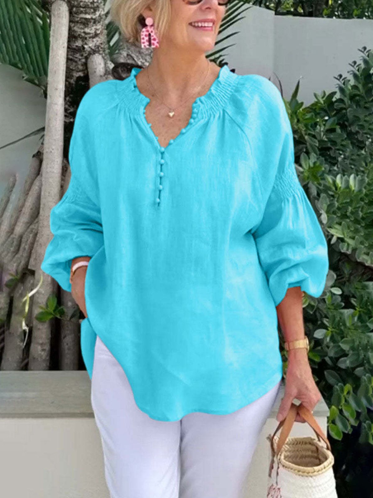 Blouses Femmes Décontracté Plain Printemps / Automne Polyester Pull-over Manches Longues Régulier Droit Col mi-ouvert