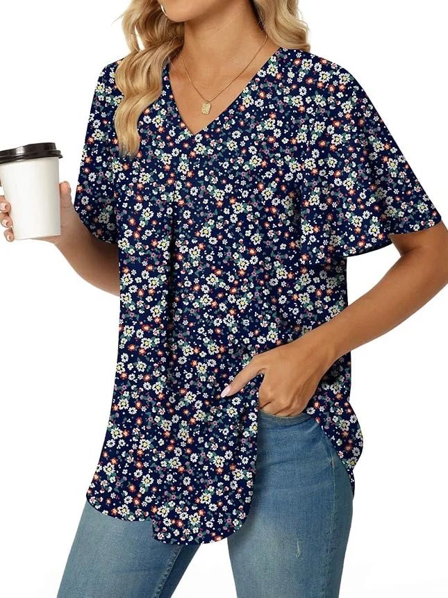Chemises Femmes Décontracté Floral Été Polyester Col V Quotidien Manches Courtes Régulier Régulier