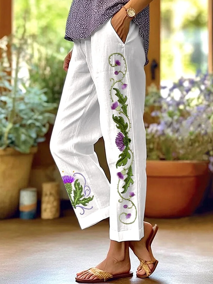 Pantalons Femmes Décontracté Floral Printemps / Automne Coton Naturel Quotidien Coupe Régulière Long Trapèze