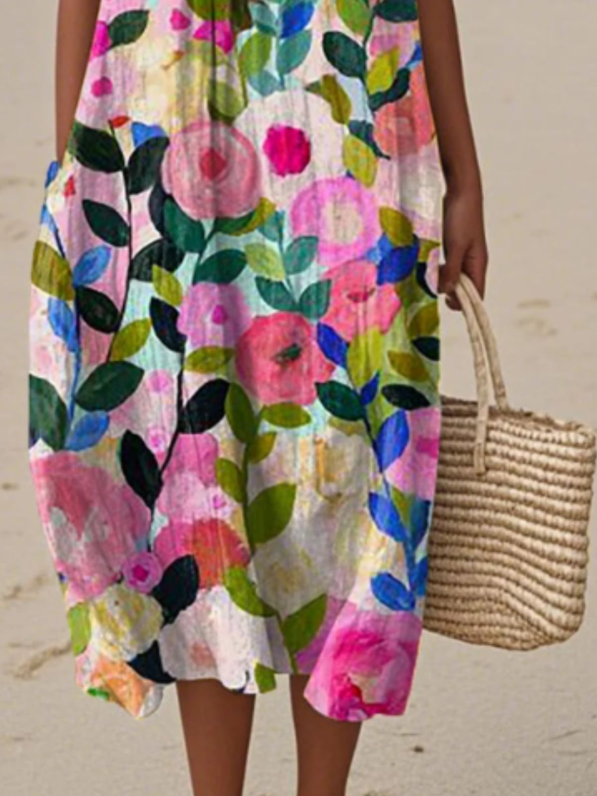 Femmes Floral Pêche Col Rond Confortable Robe Maxi Décontracté