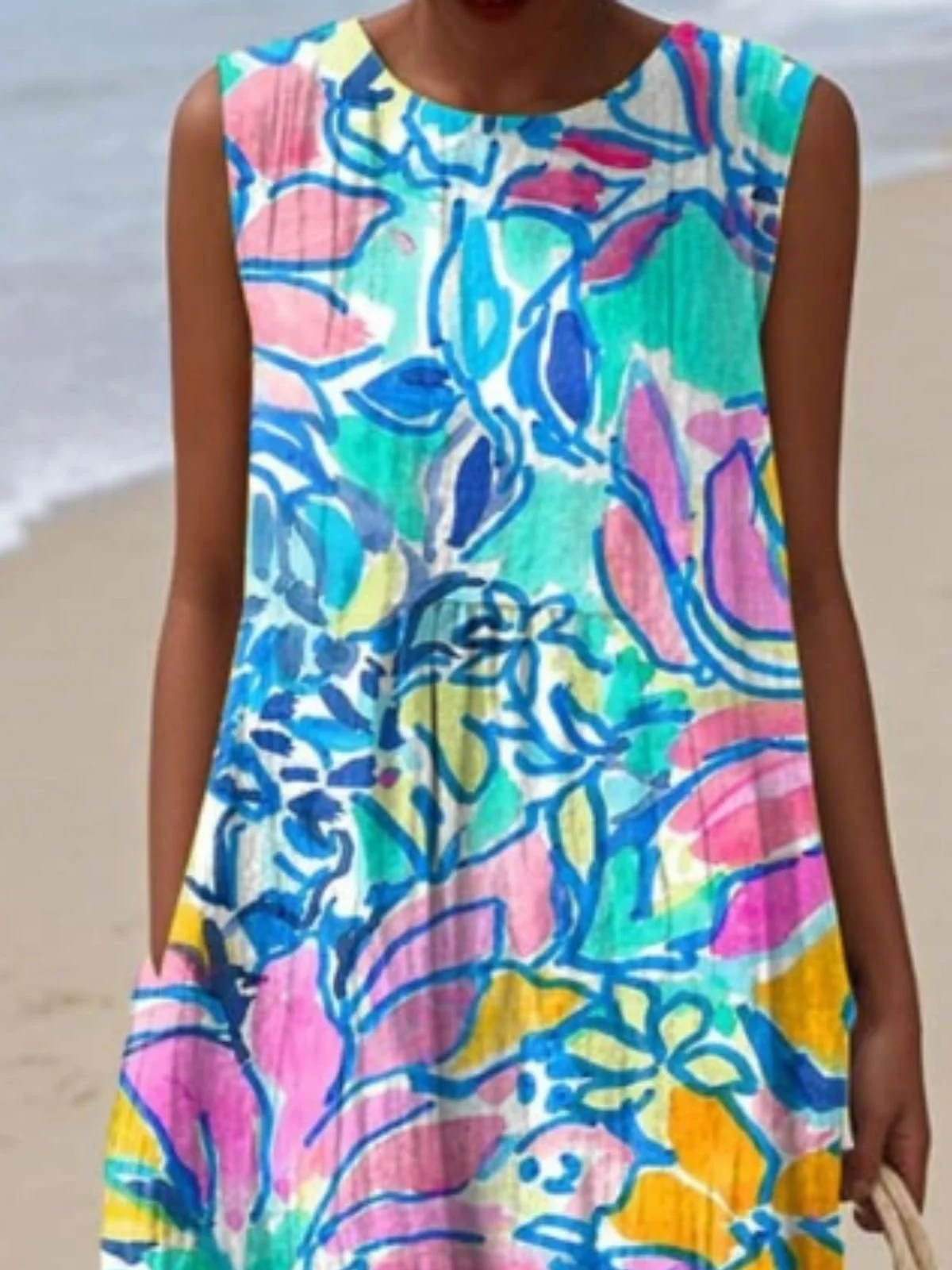 Femmes Floral Bleu Col Rond Confortable Robe Maxi Décontracté