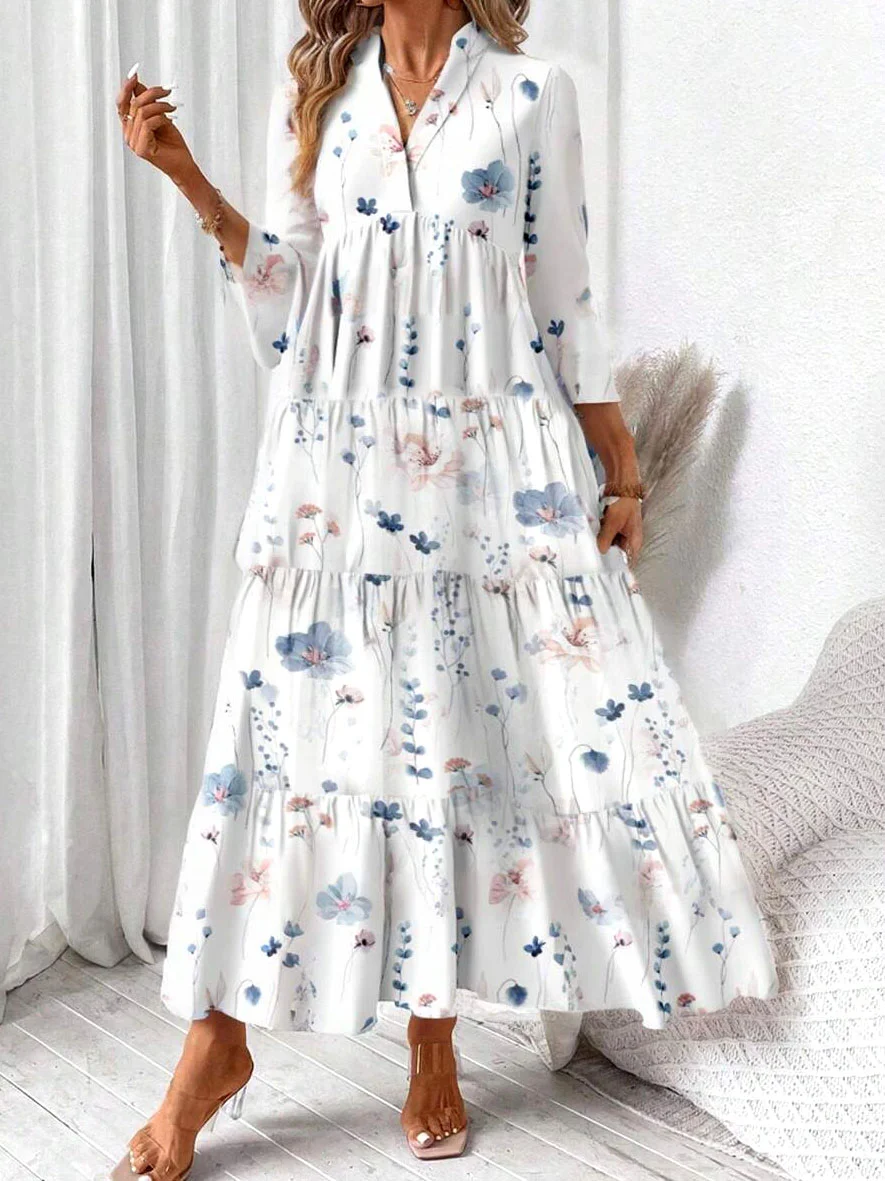 Femmes Floral Blanc Col V Confortable Robe Maxi Décontracté