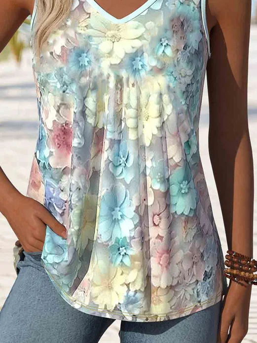 T-shirts Décontracté Floral Été Polyester Col V Micro-élasticité Vacances Ample Trapèze pour Femmes
