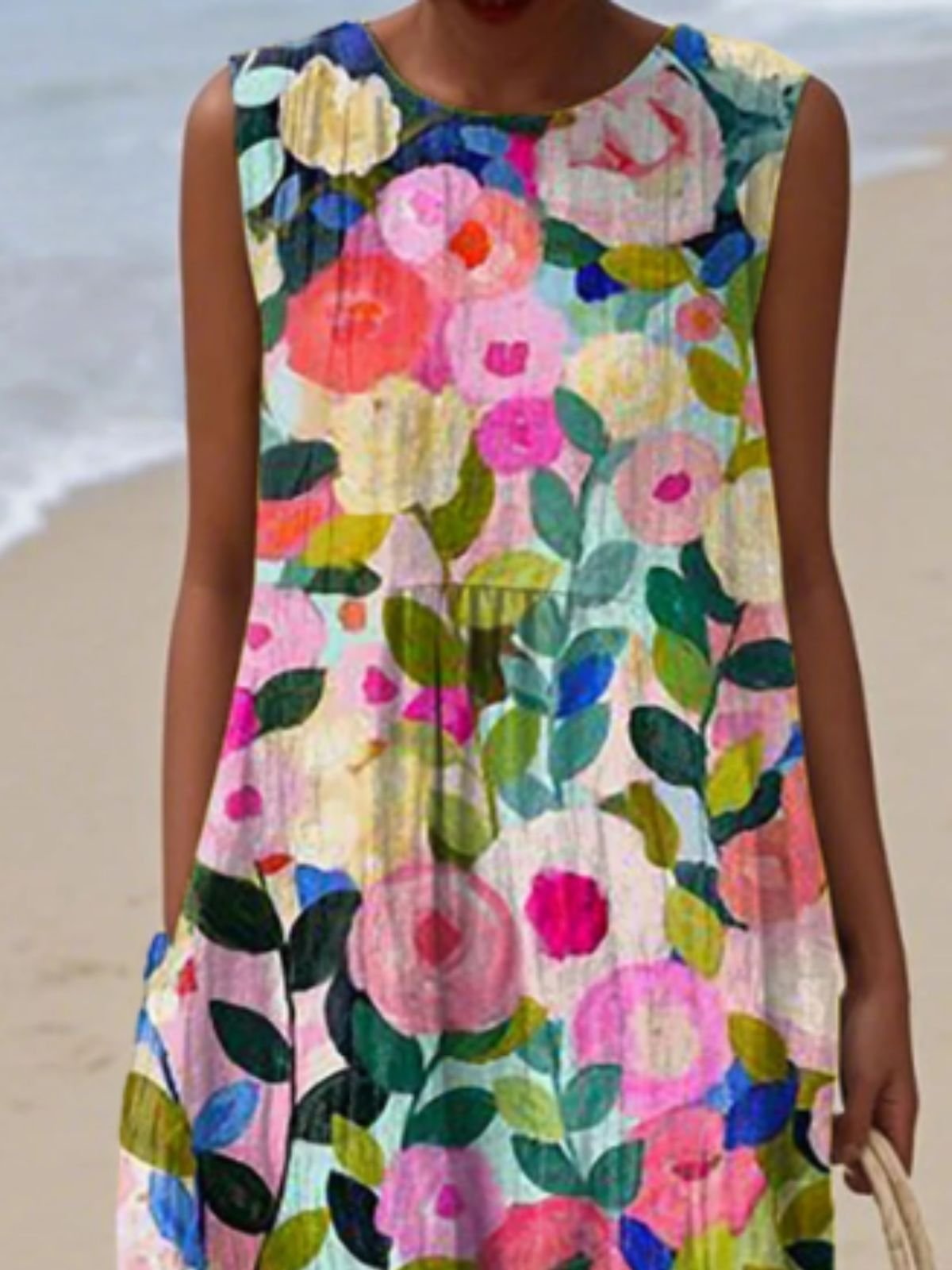 Femmes Floral Pêche Col Rond Confortable Robe Maxi Décontracté