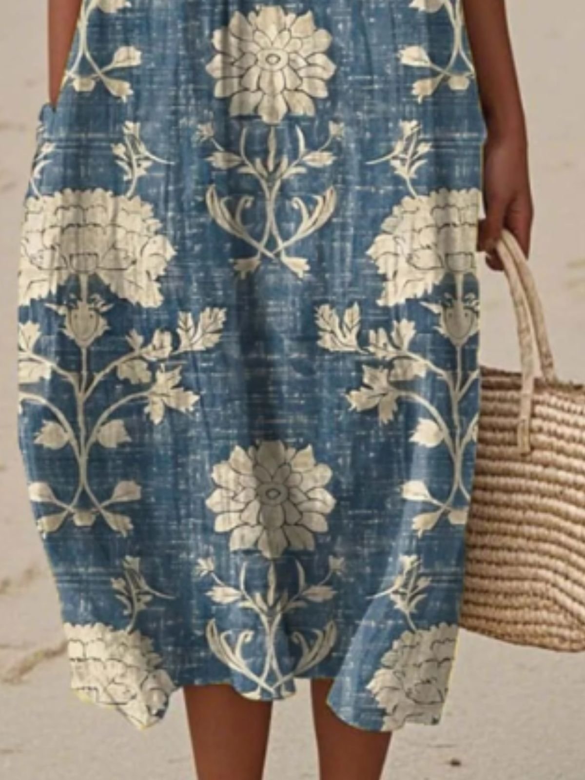 Femmes Floral Bleu Marine Col Rond Confortable Robe Maxi Décontracté