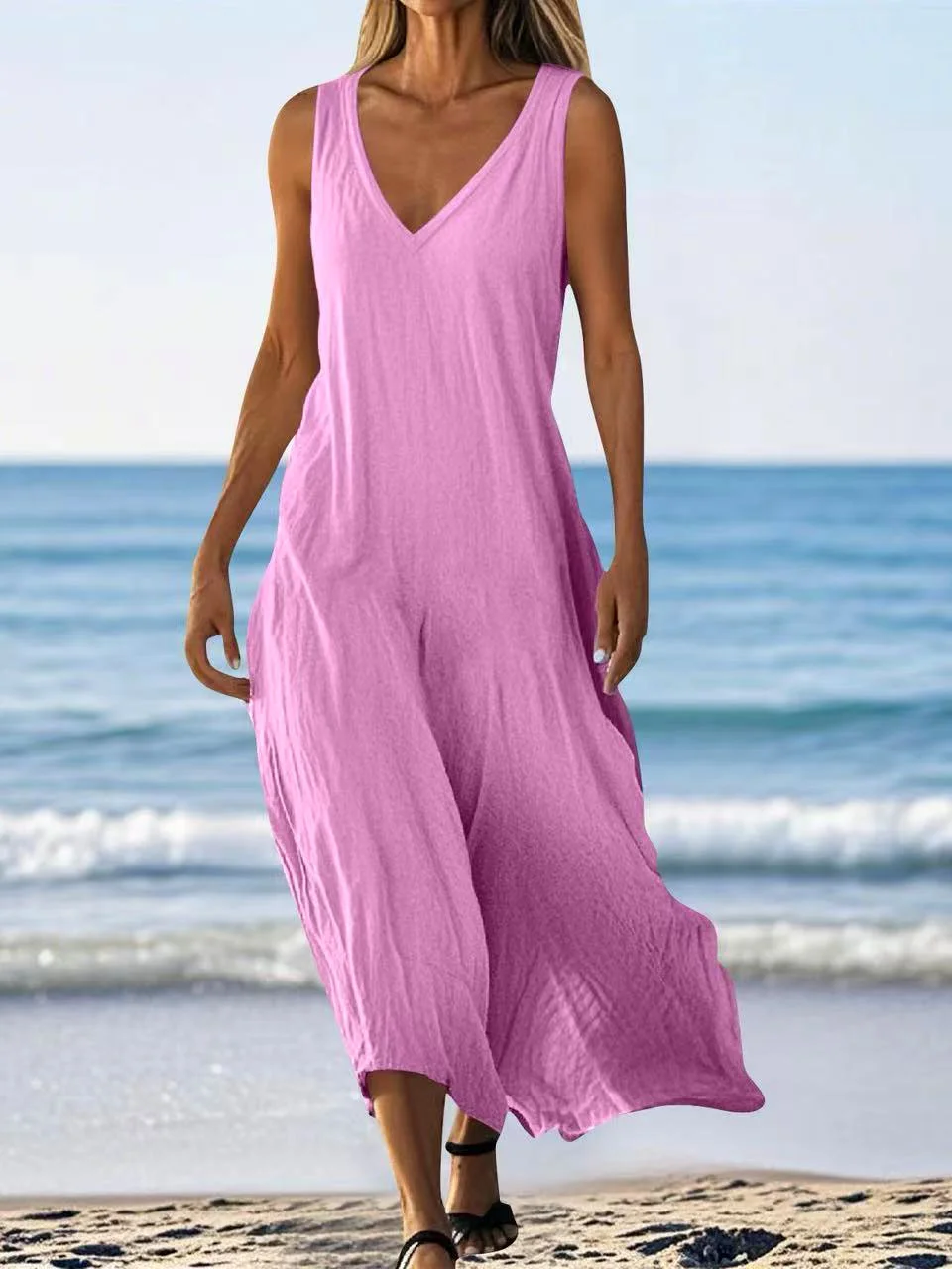 Femmes Plain Bleu Ciel Col V Confortable Robe Maxi Décontracté