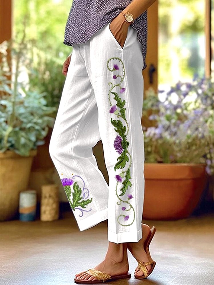 Pantalons Femmes Décontracté Floral Printemps / Automne Coton Naturel Quotidien Coupe Régulière Long Trapèze