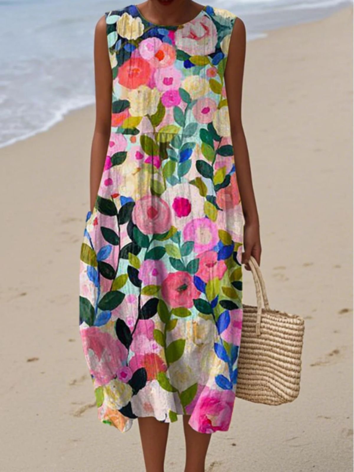 Femmes Floral Pêche Col Rond Confortable Robe Maxi Décontracté