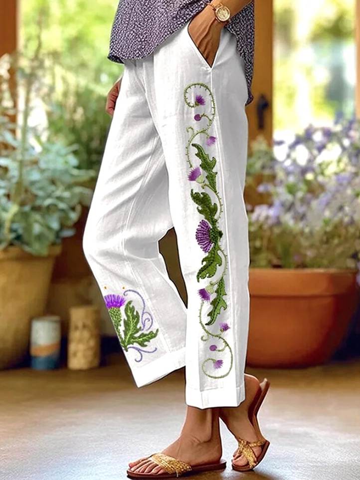Pantalons Femmes Décontracté Floral Printemps / Automne Coton Naturel Quotidien Coupe Régulière Long Trapèze