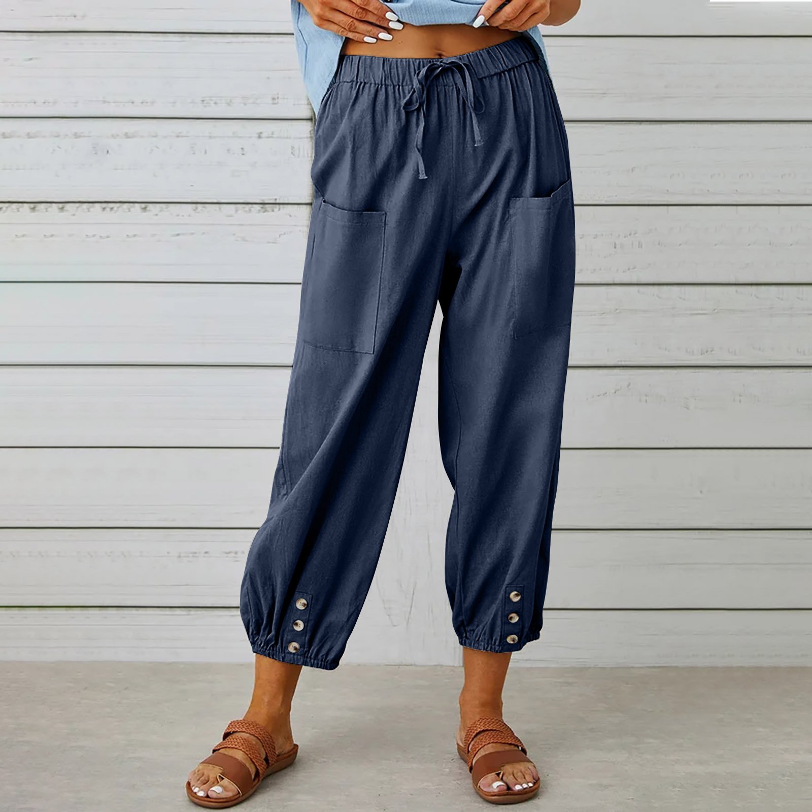 Pantalons Femmes Semi-formel Plain Printemps / Automne Coton Et Lin Boucle Naturel Séchage Rapide Journée Taille Élastique