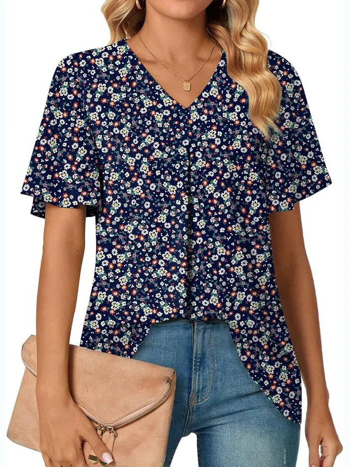 Chemises Femmes Décontracté Floral Été Polyester Col V Quotidien Manches Courtes Régulier Régulier