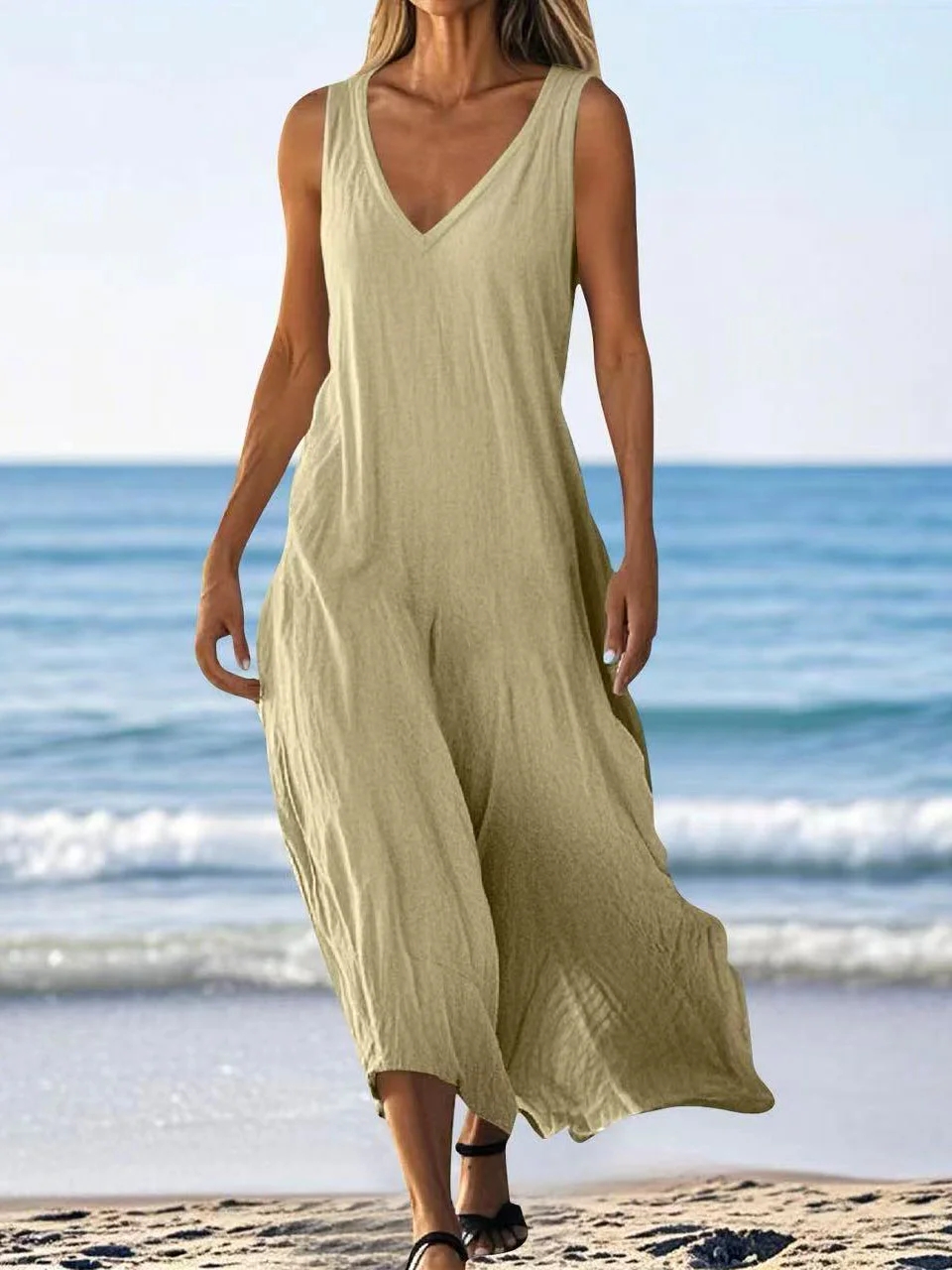 Femmes Plain Bleu Ciel Col V Confortable Robe Maxi Décontracté