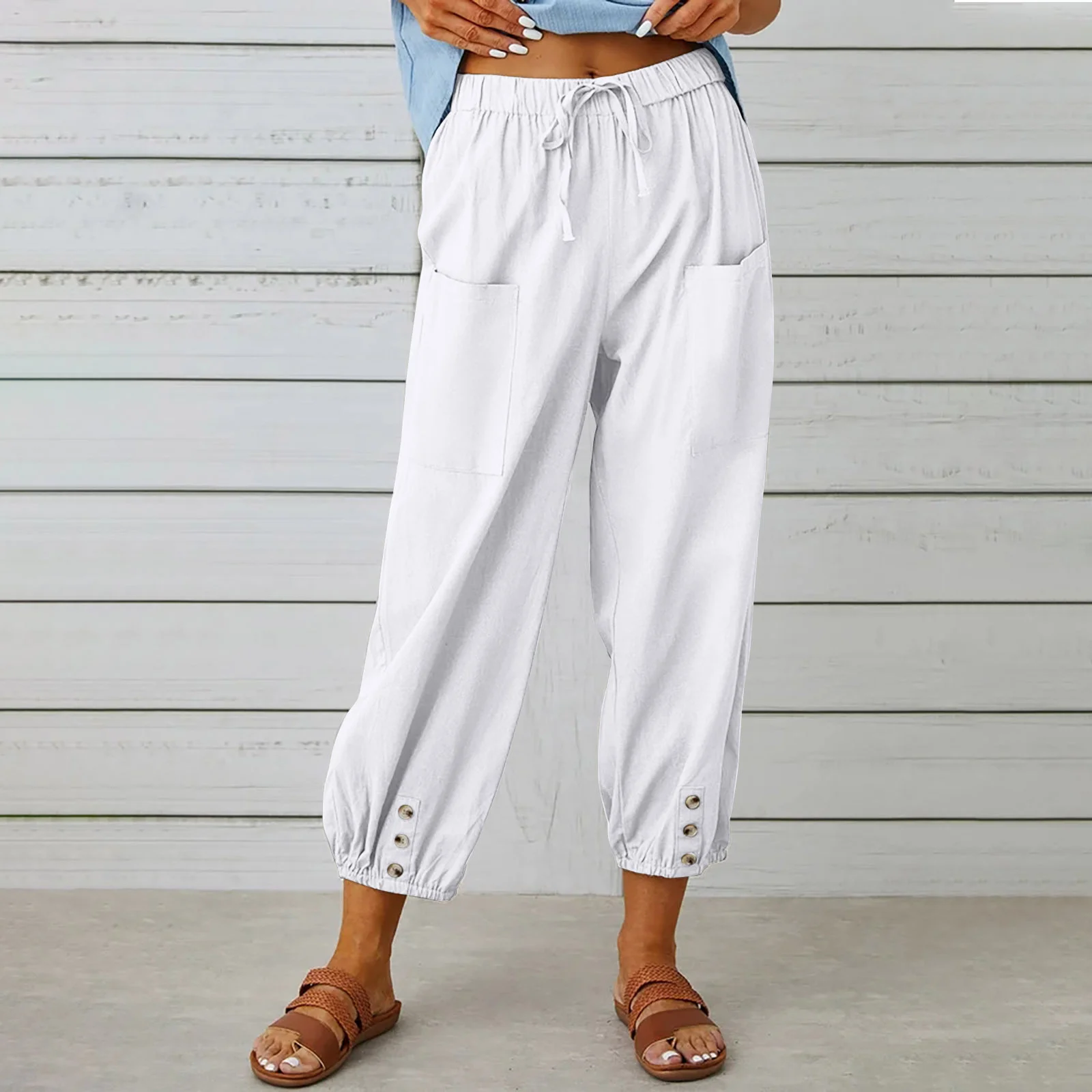 Pantalons Femmes Semi-formel Plain Printemps / Automne Coton Et Lin Boucle Naturel Séchage Rapide Journée Taille Élastique