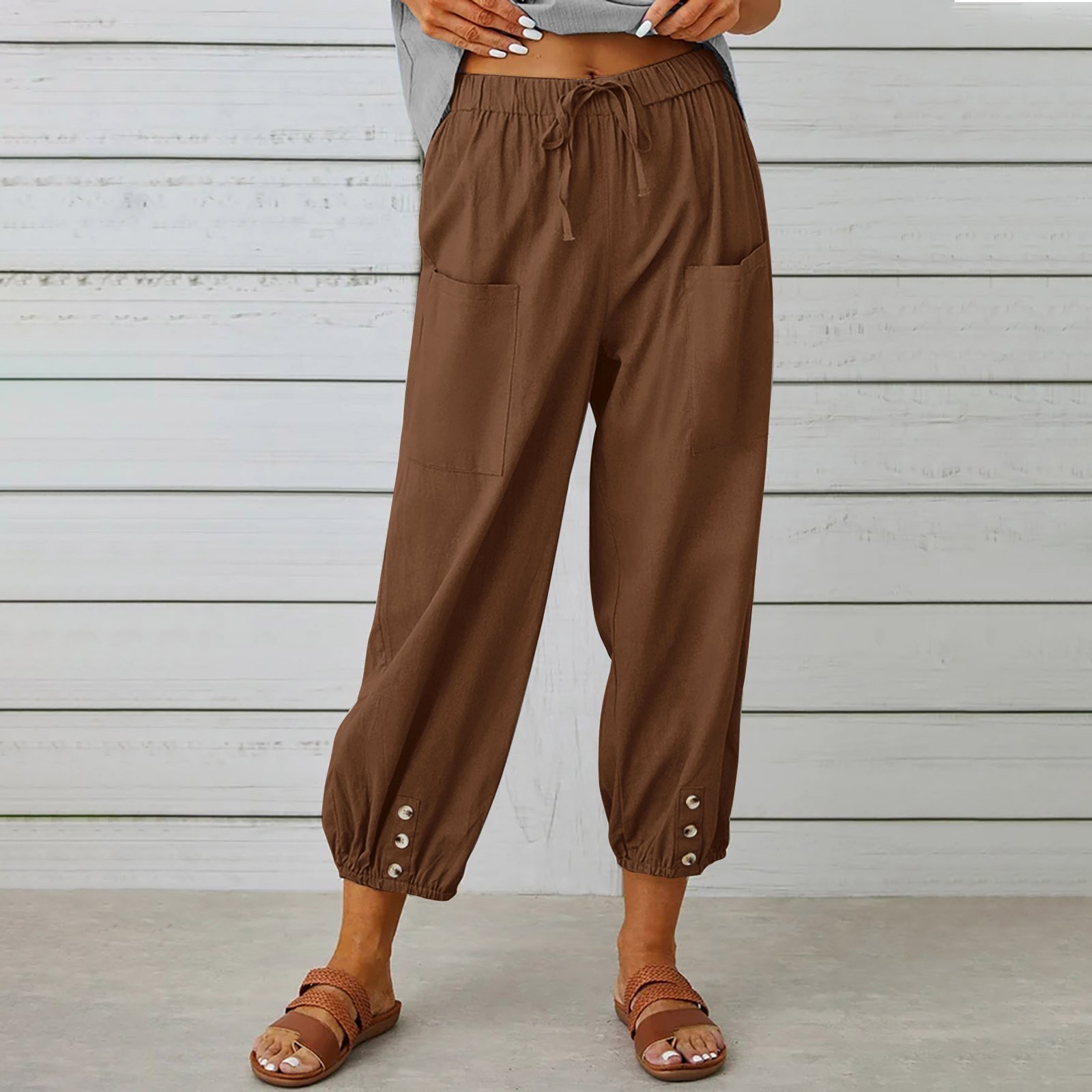 Pantalons Femmes Semi-formel Plain Printemps / Automne Coton Et Lin Boucle Naturel Séchage Rapide Journée Taille Élastique