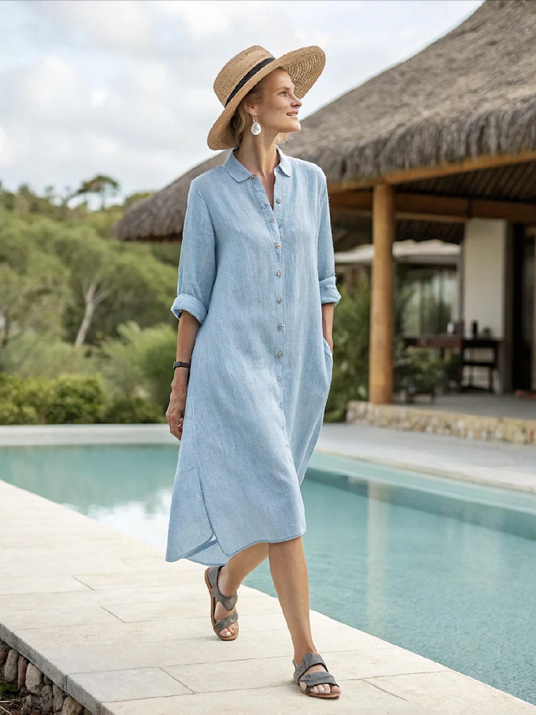 Femmes Plain Lac Bleu Col de Chemise Confortable Robe Maxi Décontracté