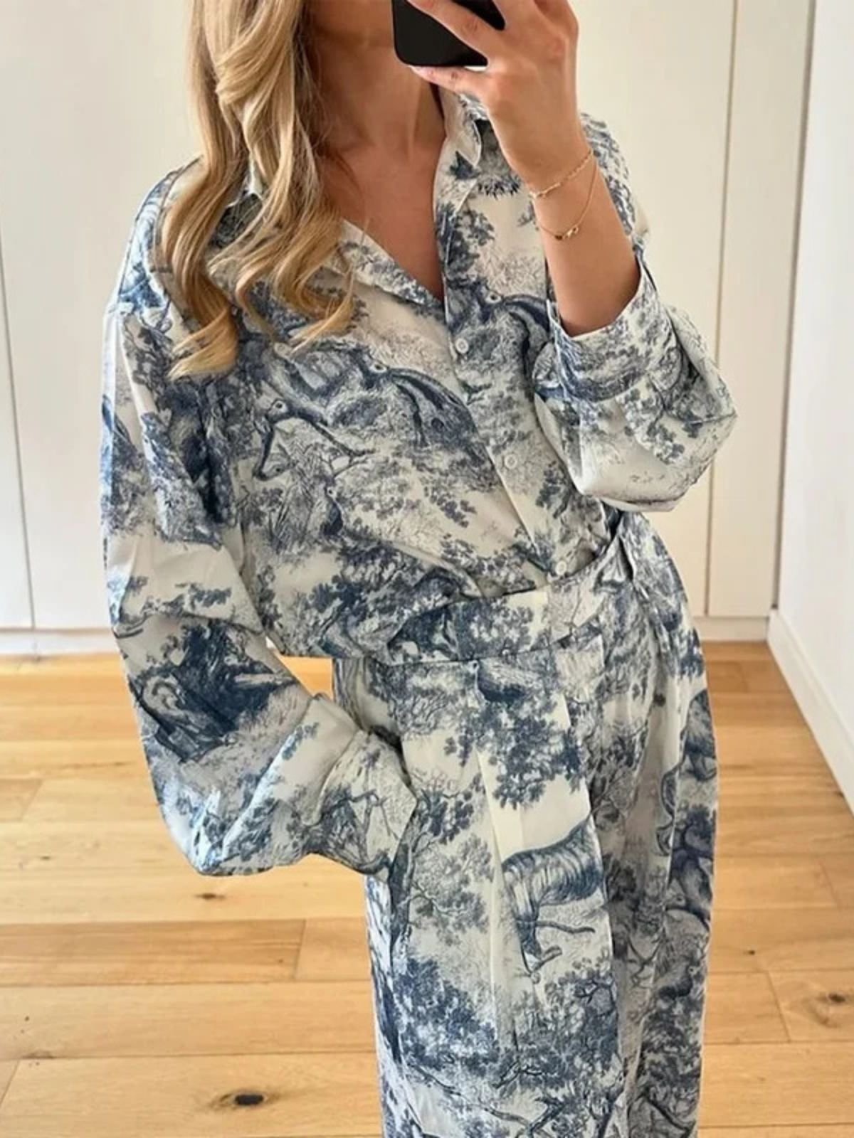 Deux Pièces Ensembles Femmes Vacances Plantes Printemps / Automne Coton Naturel Coupe Régulière Manches Longues Top Avec Pantalons Col de Chemise