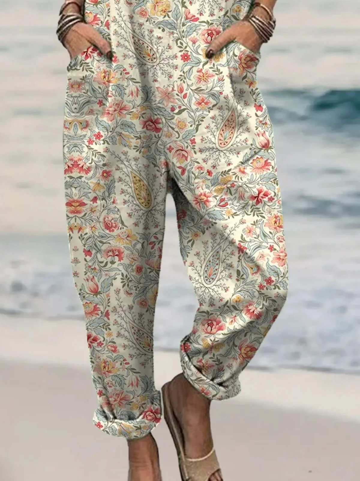 Combinaisons Boho Motif Cachemire Été Col Carré Coupe Régulière Long Gallus Top Débardeur Droit pour Femmes