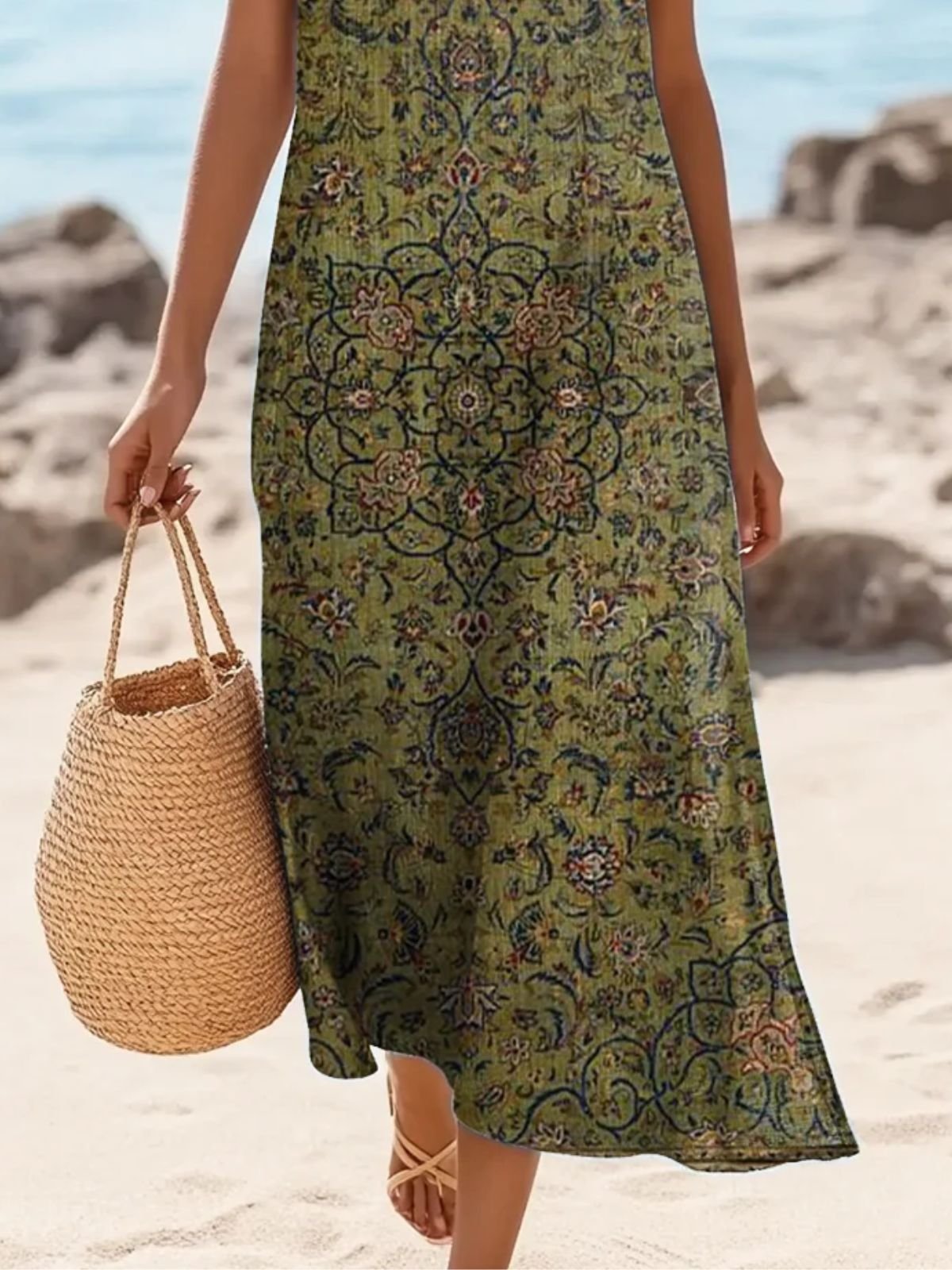 Femmes Floral Brun Col Rond Confortable Robe Maxi Décontracté