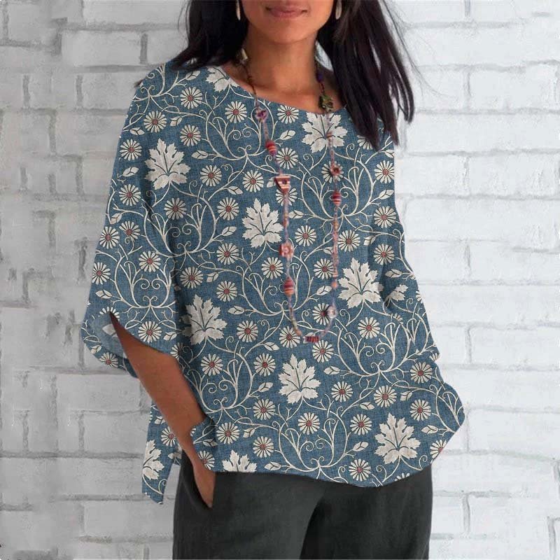 T-shirts Femmes Décontracté Floral Printemps / Automne en Lin Quotidien Coupe Régulière Col Rond Régulier Régulier