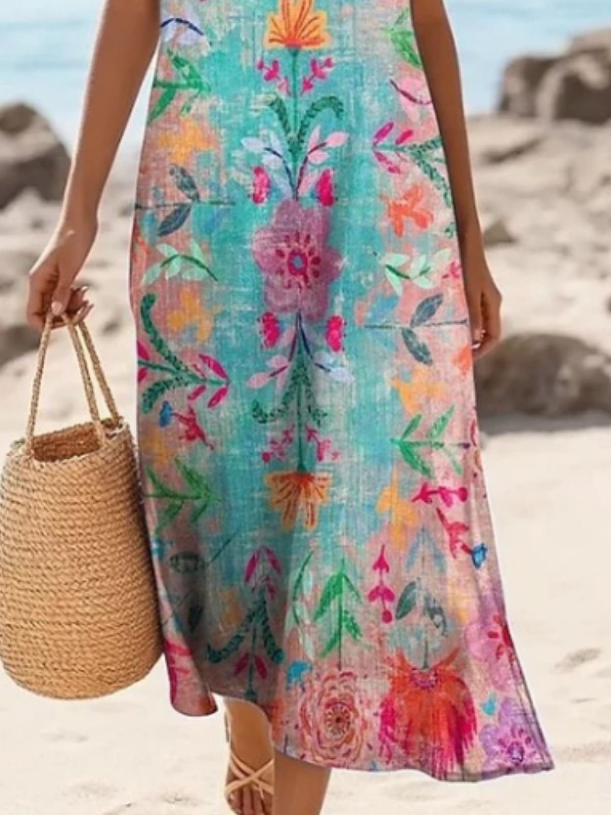 Femmes Floral Rose Col Rond Confortable Robe Maxi Décontracté