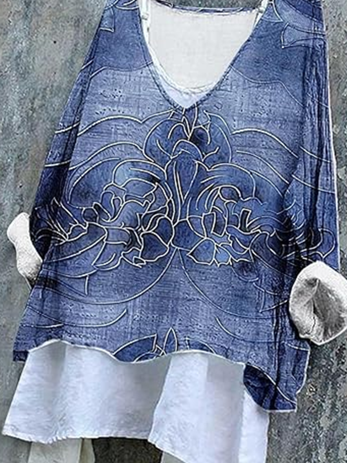 T-shirts Floral Rétro Printemps / Automne Coton Col V Micro-élasticité Quotidien Ample Régulier pour Femmes