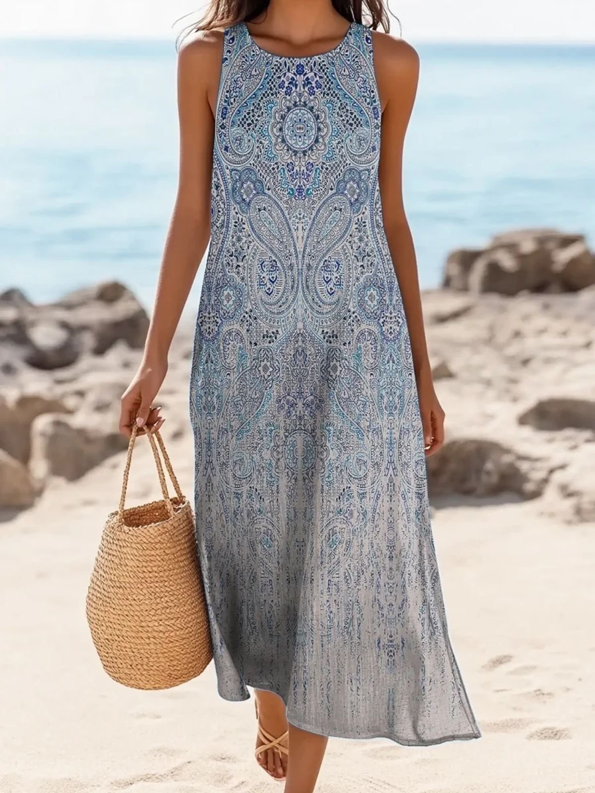 Femmes Motif Cachemire Bleu Col Rond Confortable Robe Maxi Décontracté