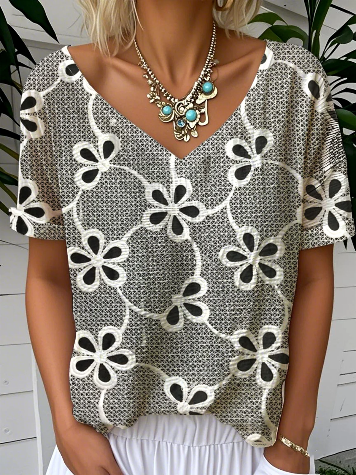 T-shirts Simple Floral Été Aucune élasticité Ample Manches Courtes Régulier Droit T.-N.-L. pour Femmes