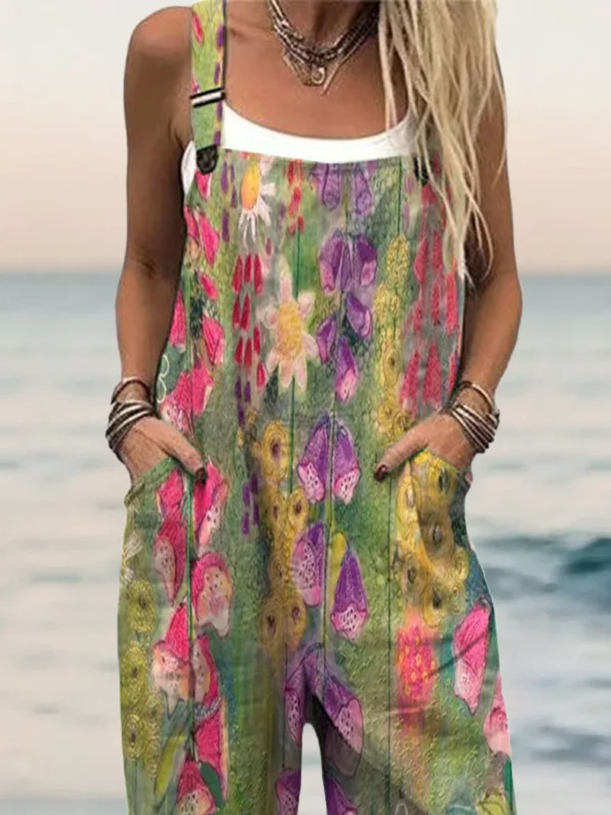 Combinaisons Boho La peinture Été Micro-élasticité Vacances Coton Et Lin Gallus Top Débardeur Droit pour Femmes