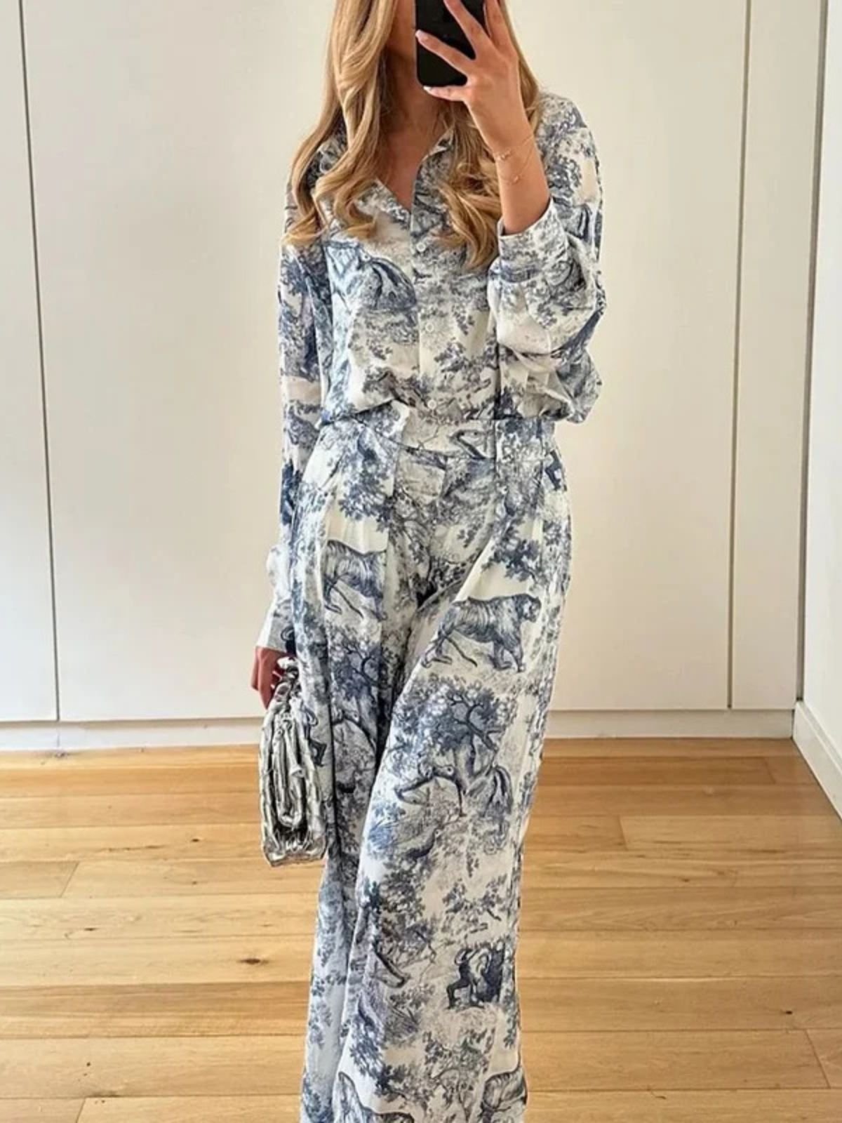 Deux Pièces Ensembles Femmes Vacances Plantes Printemps / Automne Coton Naturel Coupe Régulière Manches Longues Top Avec Pantalons Col de Chemise
