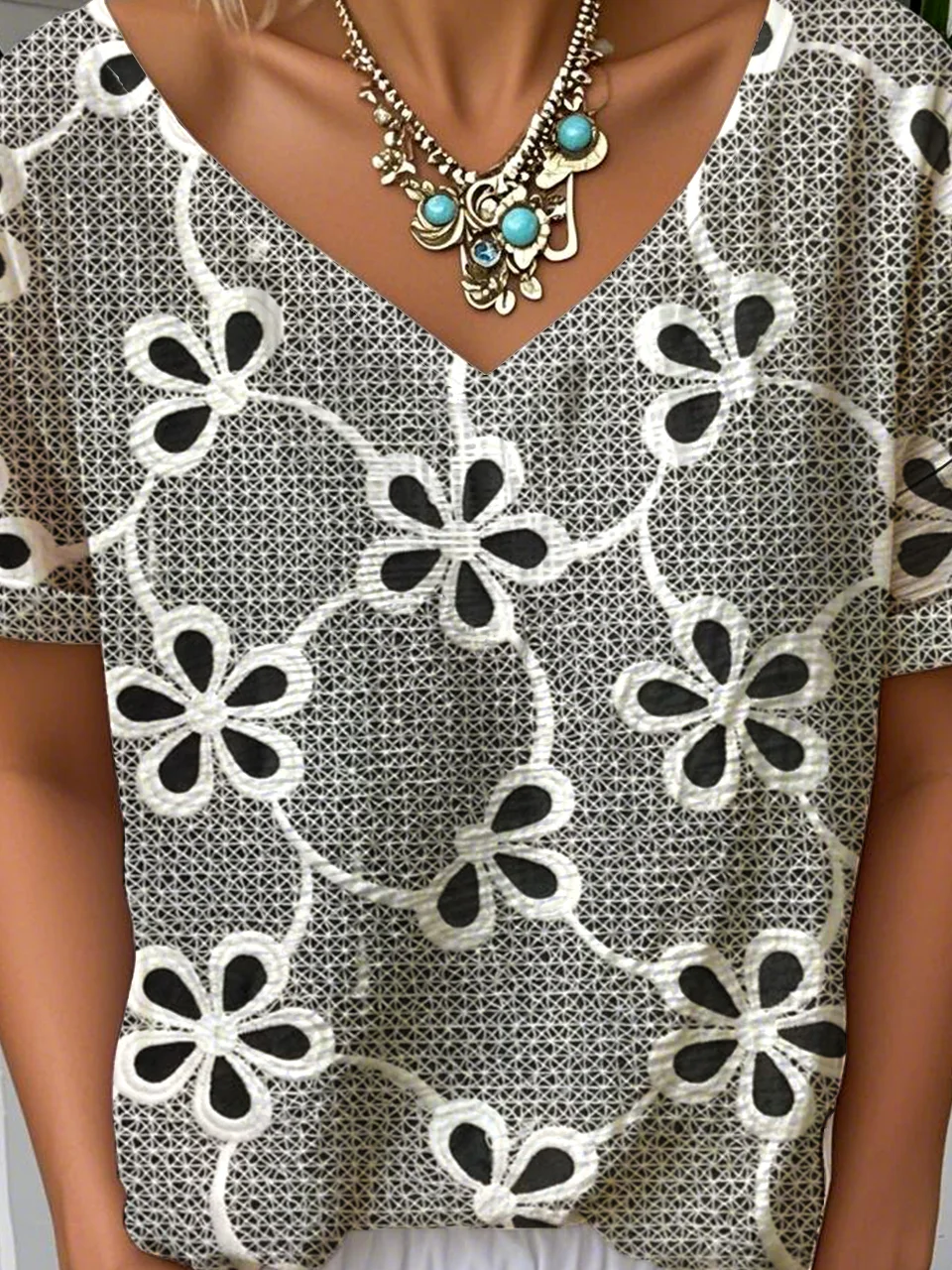 T-shirts Simple Floral Été Aucune élasticité Ample Manches Courtes Régulier Droit T.-N.-L. pour Femmes