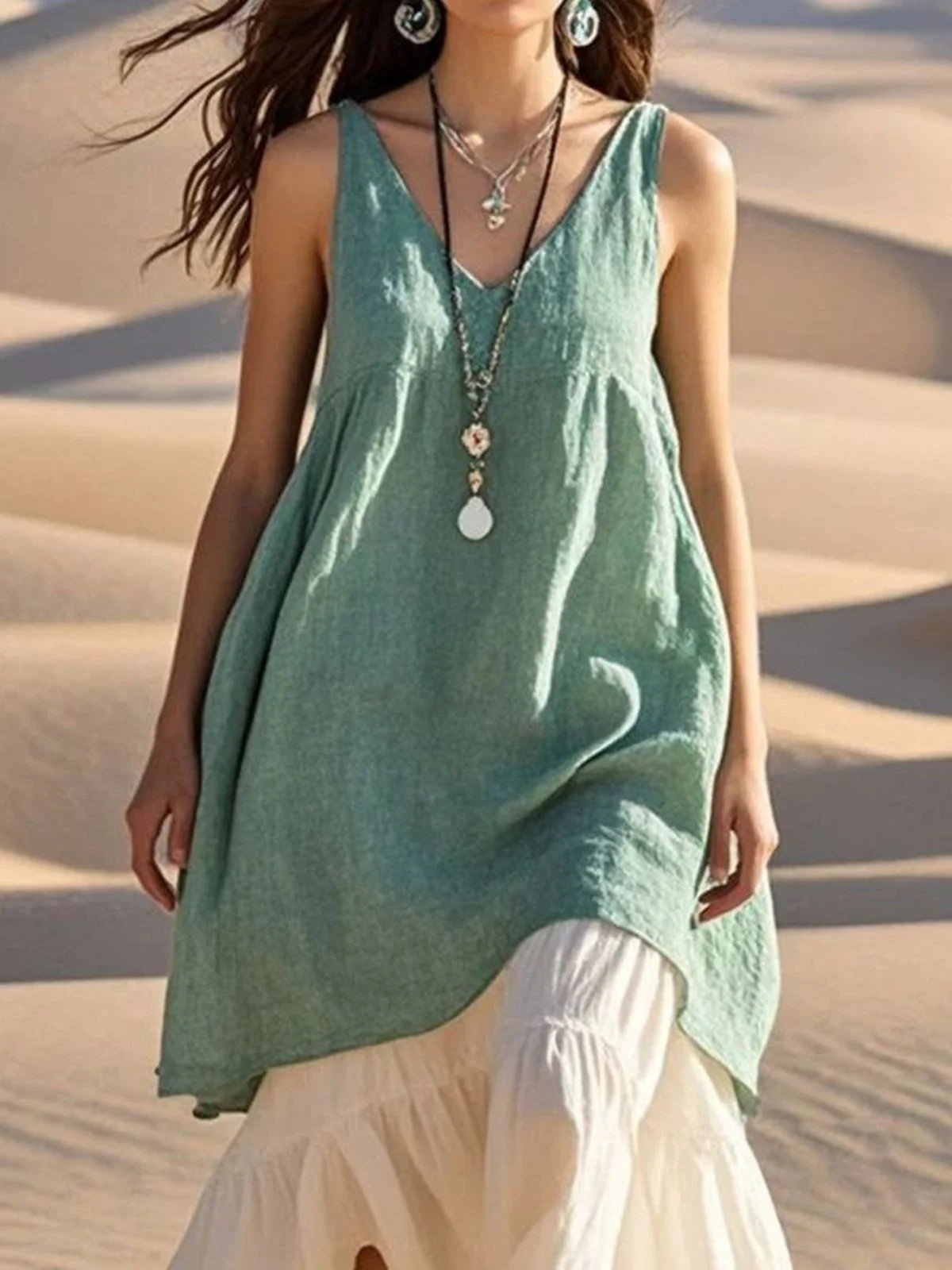 Femmes Plain Bleu Ciel Col V Confortable Robe Mi-Longue Décontracté